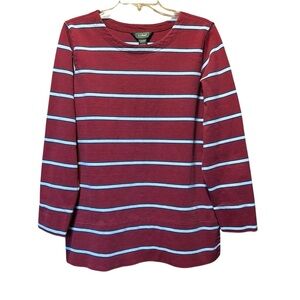 LL Bean Women’s Large Boatneck Top Red White Stripe Cotton Peru Nautical Tee